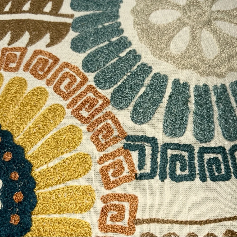 Pier 1 Embroidered Teal Ivory Yellow Tan Floral Boho Accent Pillow 18”
